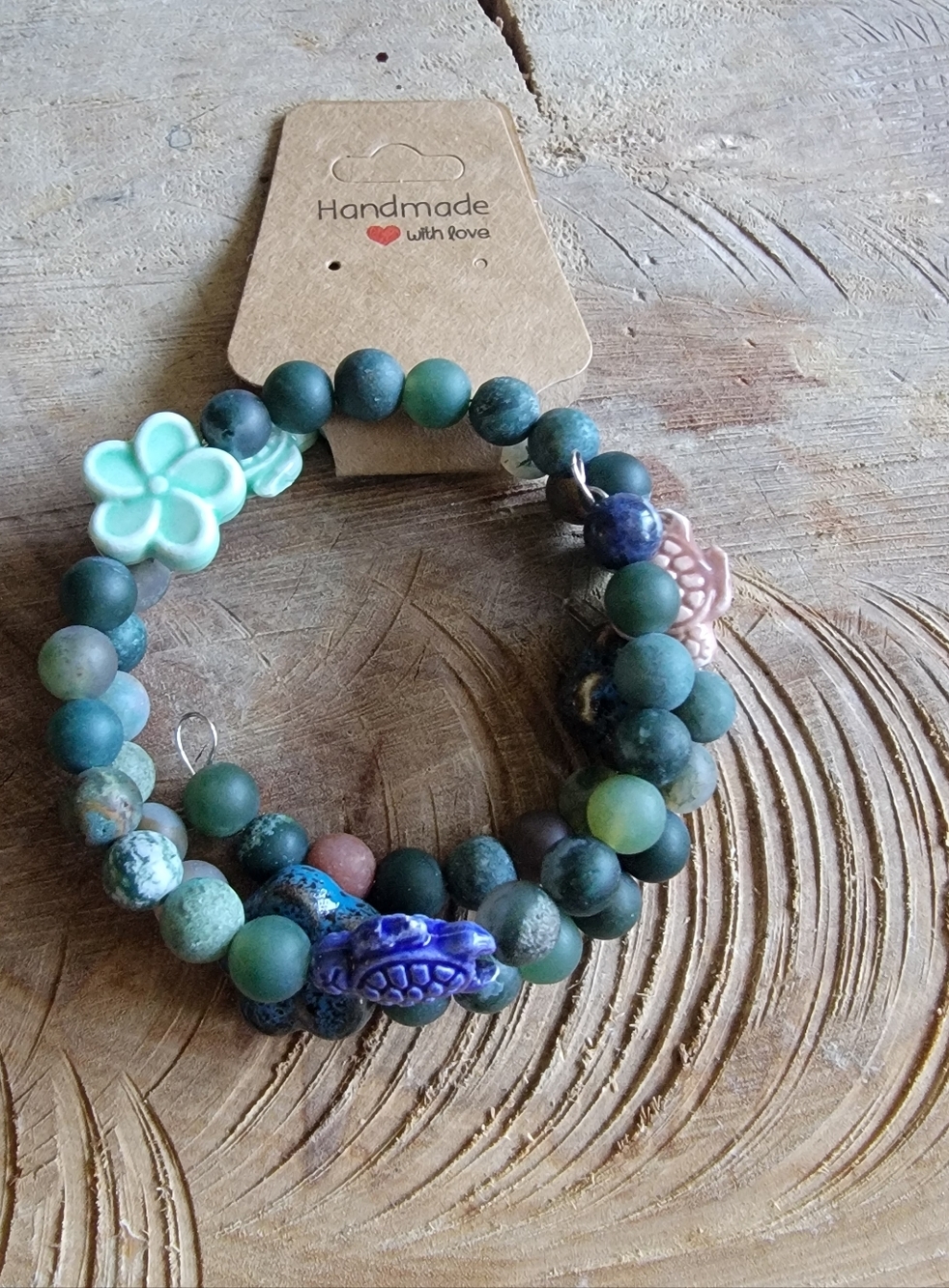 Handcrafted Wire Wrap Bracelet With Jasper Beads, Ceramic Turtle & Flowers